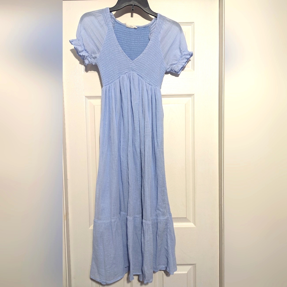 Light blue dress, In Loom, size small, slightly puffy sheer sleeves, mid-length.
